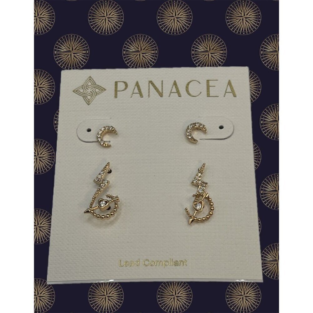 Panacea 14K Gold-Plated Moon-Bolt Arrow Heart Pave Accent 3 Pc Stud Earring Set